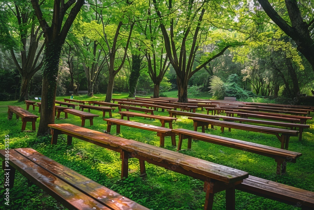 Rows of wooden benches sit in a clearing in the woods on a sunny day. Rows of wooden benches sit in a clearing in the woods on a sunny day.