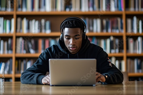 Focused Student with Laptop and Headphones in Library - E-Learning and Study Environment