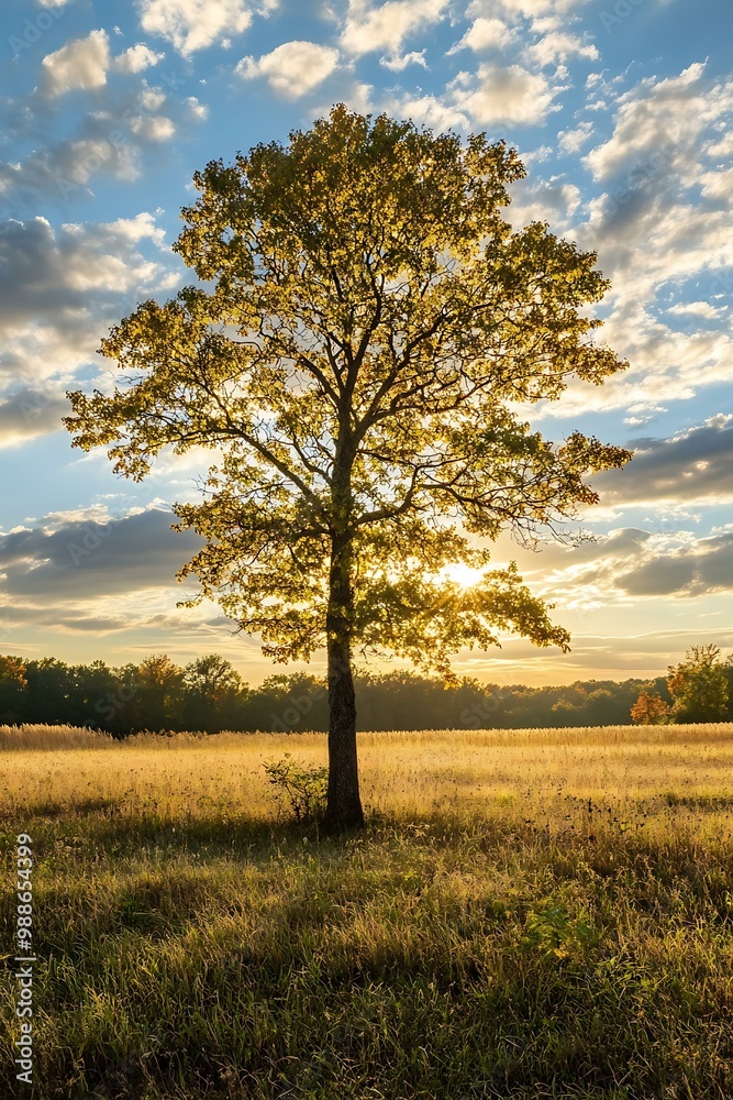 Fototapeta premium Single Tree in Field with Sunset Sky