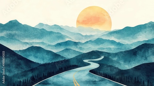 Vintage-inspired watercolor mountains range with a sweeping road, triadic flat design, symbolic of timeless journeys. photo