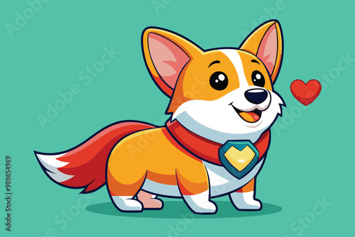 A playful corgi dog dressed in a superhero cape happily poses with a heart on a vibrant backdrop, Cute corgi dog with superhero cape and heart