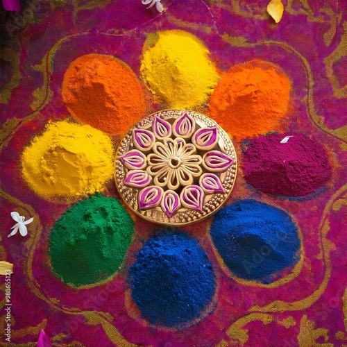 Diwali rangoli patterns on the floor using colored powders, flowers, and rice. photo