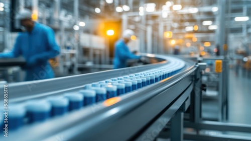 Wallpaper Mural A detailed view of a production line in a factory, featuring conveyor belts transporting items with workers engaged in manufacturing tasks. Torontodigital.ca
