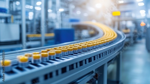 Wallpaper Mural A conveyor belt transports yellow-topped containers in a modern industrial setting, showcasing automation and efficiency in production. Torontodigital.ca