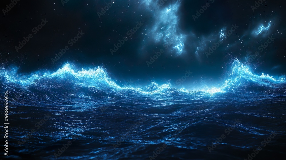 Glowing ocean waves beneath neon sky in peaceful serene seascape picture