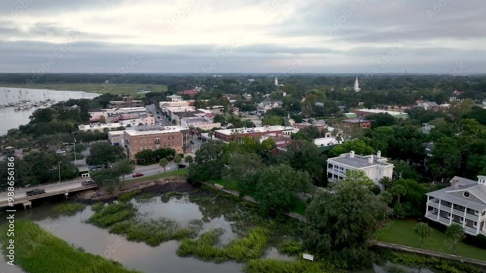 aerial sweep into downtown beaufort sc, south carolina aerial sweep into downtown beaufort sc, south carolina