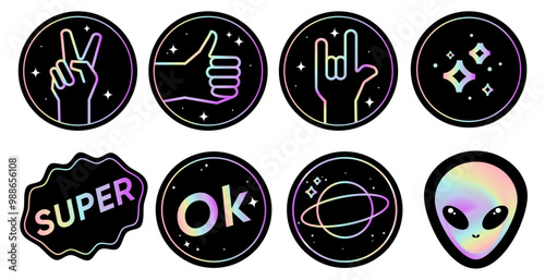 Holographic sticker icons template and label with holographic effect hand gestures like, two thumbs up, rock n roll sign, super, ok, alien. Shiny Hologram rainbow emblems in retro style y2k .Vector