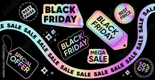 Black Friday sale discount stickers labels price tags holographic elements set. Product discount festival design elements Black Friday. Holographic design for Special discount offer design.Vector