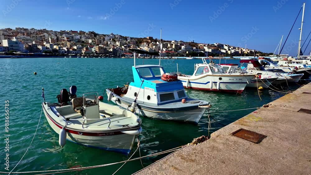 Boats anchored floating in Elounda, Crete, Greece Boats anchored floating in Elounda, Crete, Greece