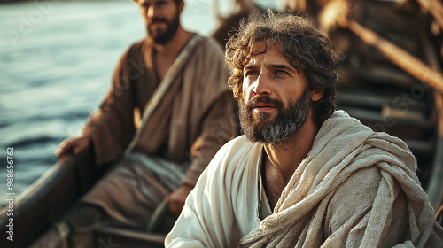 Jesus leading Simon Peter and Andrew on a fishing expedition. Concept: Biblical Stories, Jesus's Miracles, Fishing