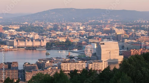 Aerial sunset view of landmark Munch art museum in Bjorvika Oslo, Noway photo