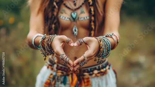 A woman creates a heart shape with her hands while wearing colorful bracelets in a natural setting surrounded by greenery and flowers photo