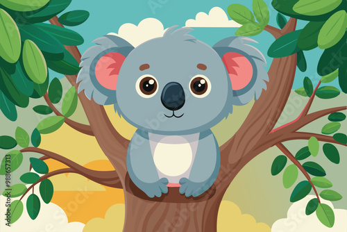 A playful koala cuddles among the tree branches as sunlight filters through the leaves, Cute koala on the tree