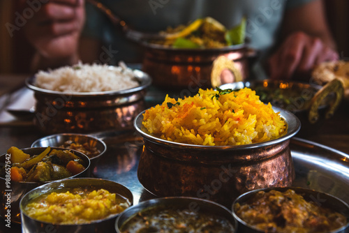 Diwali holiday festival celebration. Family eating traditional Indian food. Vegetarian Thali set on tray, chicken curry, rice, naan and other delicious dishes on table. Foodie travel background. 