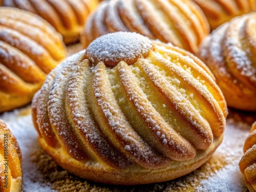 Within a cluster of pan dulces, one concha pastry stands out, its sugar crust glistening like diamonds in photo