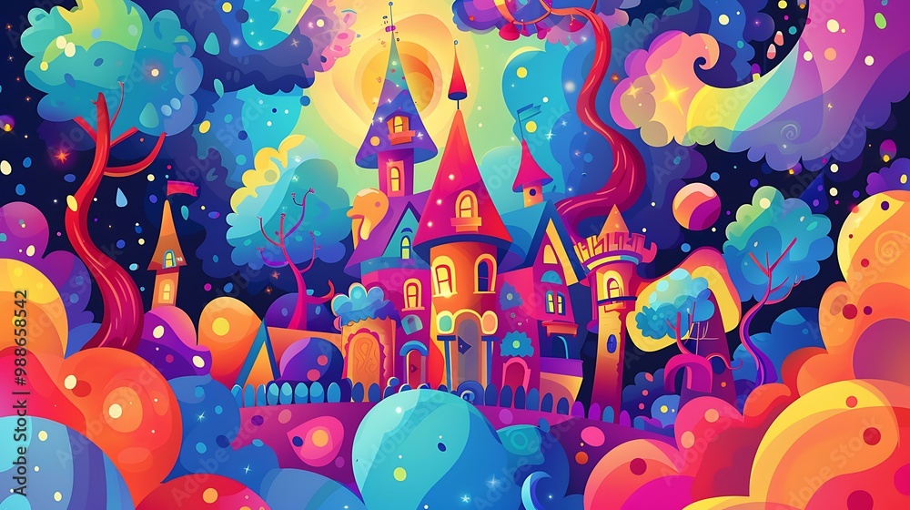 Obraz premium Fantasy Castle Illustration with Colorful Trees and Stars