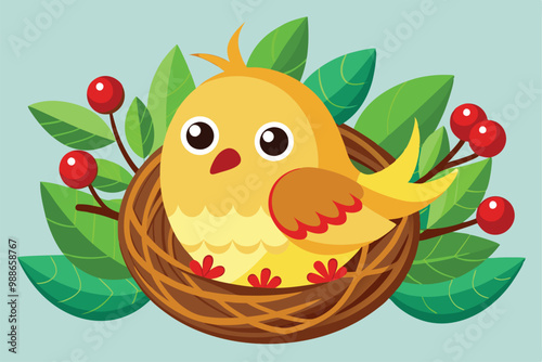 A small, adorable bird rests in its nest, surrounded by red berries and green leaves, cute little bird in a nest with red berries.