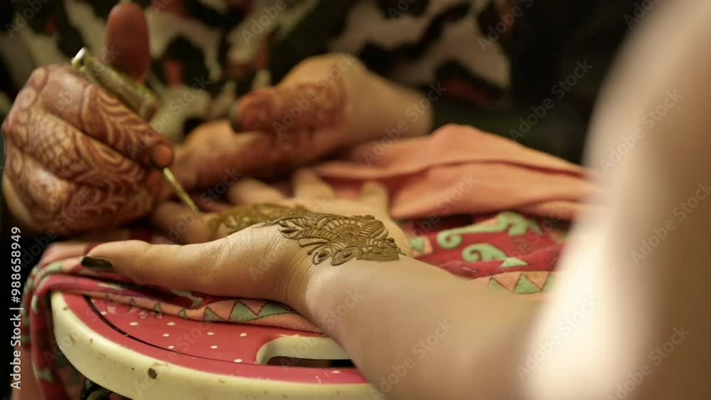 Artist applying henna tattoo on women hands. Mehndi is traditional decorative art. Close-up Artist applying henna tattoo on women hands. Mehndi is traditional decorative art. Close-up