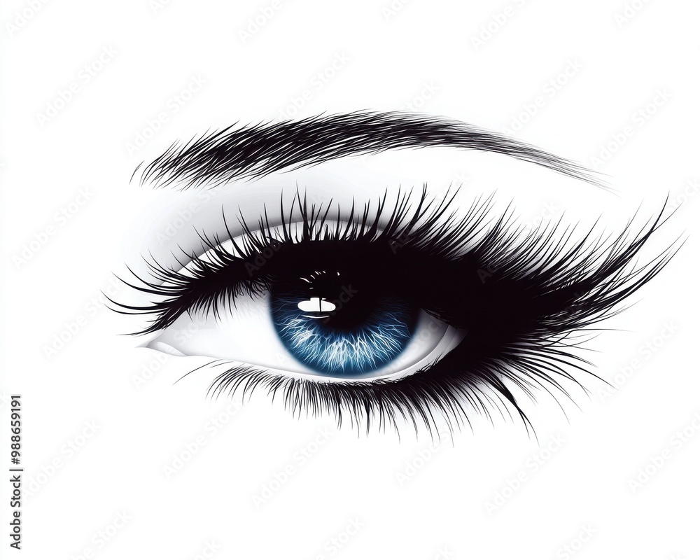 Close-up of a beautiful eye with blue iris and long eyelashes, white isolated background. Close-up of a beautiful eye with blue iris and long eyelashes, white isolated background.