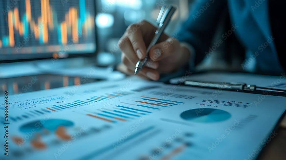 Close-up of Hand Analyzing Financial Data with Pen - Illustration Close-up of Hand Analyzing Financial Data with Pen - Illustration