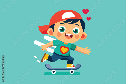 A little boy skates joyfully with his arms out, showcasing a heart design on his shirt, Cute little boy riding skateboard with heart