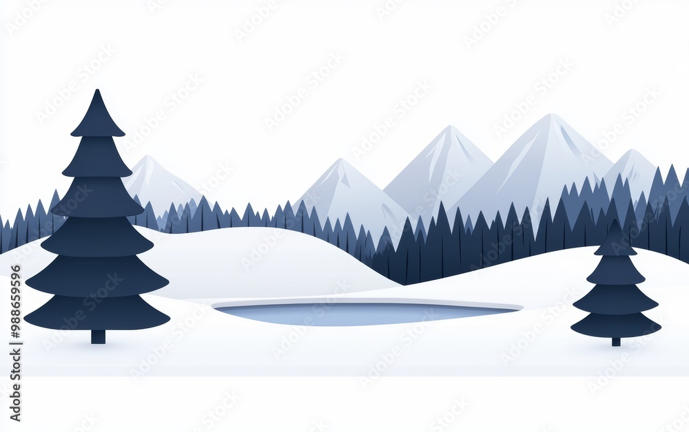 Fototapeta premium An 8k masterpiece depicting a serene winter landscape, with snow-capped mountains, a frozen lake, and a towering spruce tree in the foreground