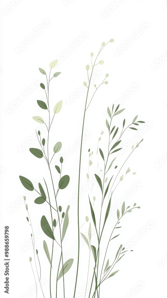 Delicate botanical illustrations of green leaves on a white background. Delicate botanical illustrations of green leaves on a white background.