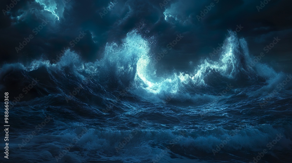 Serene seascape with dark ocean glowing under neon lit sky picture