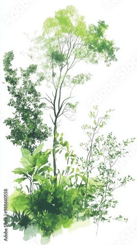 Lush green plants and trees, isolated on a white background. photo