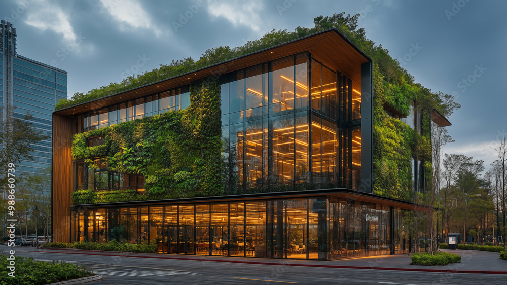Obraz premium Eco-friendly office building with living walls and glass facade illuminated at dusk. Concept of sustainable urban architecture and biophilic design