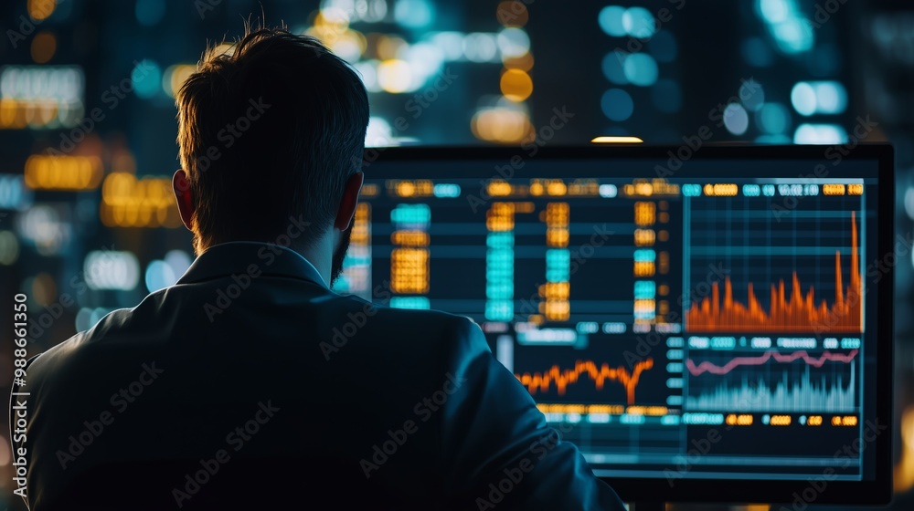 A trader analyzes financial data on multiple screens at night in a modern office in a bustling city A trader analyzes financial data on multiple screens at night in a modern office in a bustling city