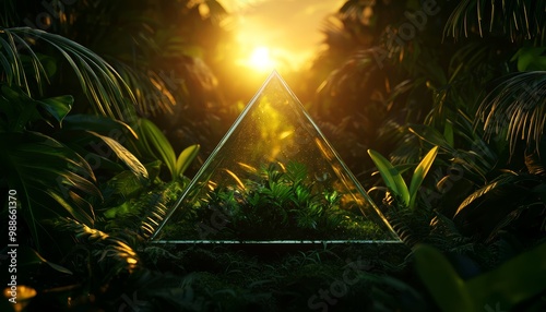 An hyper realistic image of a glass pyramid floating in the air, surrounded by lush greenery and a vibrant sunset photo