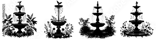 The silhouette of a garden fountain with floral elements is black in color