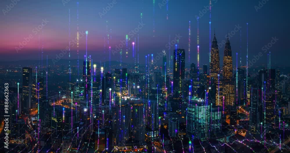 Smart city and abstract dot point connect with gradient line and aesthetic Intricate wave line design , big data connection technology concept