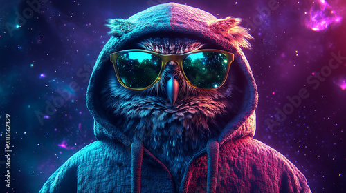 Stylish Owl With Cosmic Reflections in Sunglasses Wearing Hoodie in Vibrant Nebula Space photo