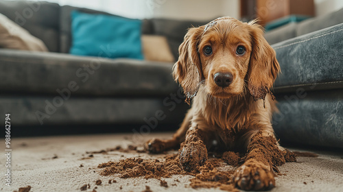 Muddy dog dirties carpet and living room. Concept: Pet Cleanup, Stain Removal, Odor Control, Deep Cleaning photo