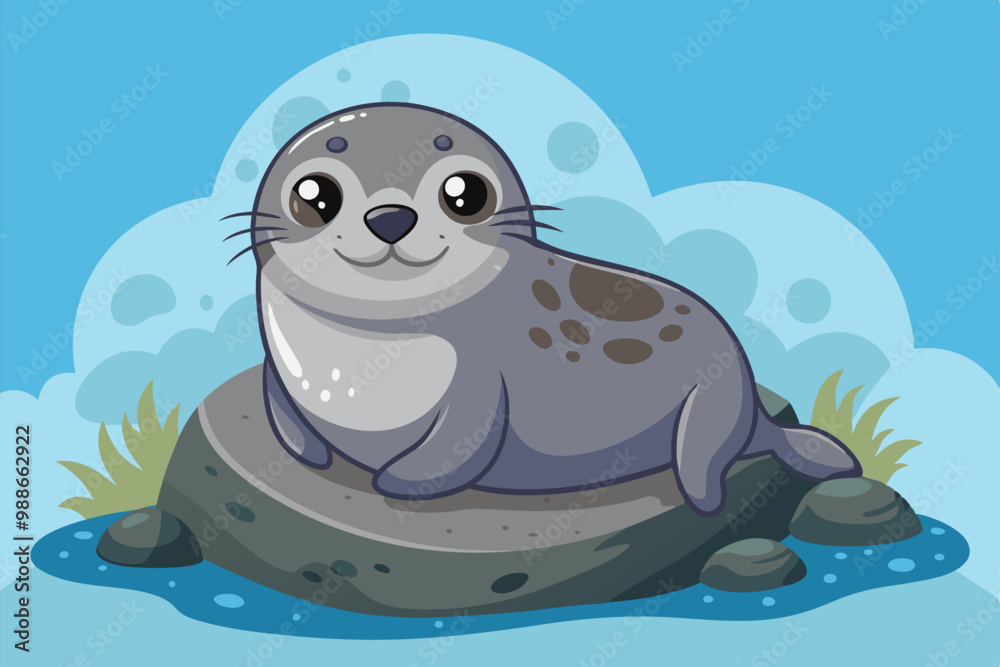 A friendly seal relaxes on a rock with gentle waves lapping nearby under a bright sky, Cute seal on the rock A friendly seal relaxes on a rock with gentle waves lapping nearby under a bright sky, Cute seal on the rock