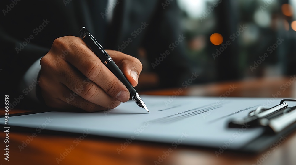 Close Up Hand Signing Document with Pen - Realistic Image Close Up Hand Signing Document with Pen - Realistic Image