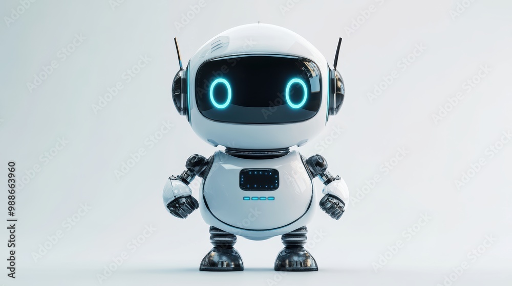 Friendly Futuristic Robot with Glowing Eyes on a white Background Friendly Futuristic Robot with Glowing Eyes on a white Background