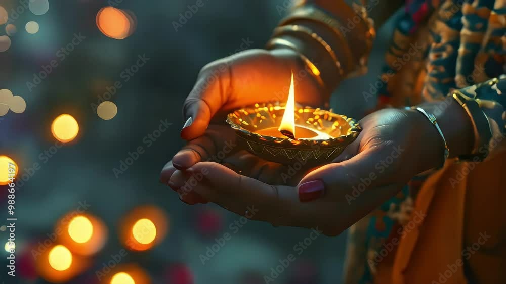 Video of hands holding a glowing diya lamp with bokeh lights in the background. Diwali festival of lights celebration.
