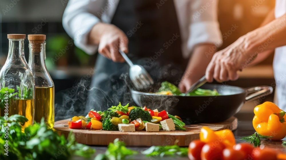 Elderly couple cooking a colorful stirfry with tofu and vegetables, modern kitchen, proteinrich diet, senior wellness Elderly couple cooking a colorful stirfry with tofu and vegetables, modern kitchen, proteinrich diet, senior wellness
