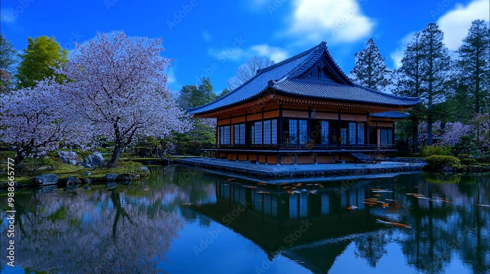 Serene Japanese-style pavilion reflected in a tranquil pond, surrounded by lush vegetation and cherry blossom trees, set against a vivid blue sky, evoking a peaceful and harmonious atmosphere Serene Japanese-style pavilion reflected in a tranquil pond, surrounded by lush vegetation and cherry blossom trees, set against a vivid blue sky, evoking a peaceful and harmonious atmosphere