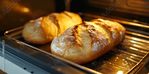 A beautifully golden brown loaf of artisan bread is baking to perfection in the warm oven