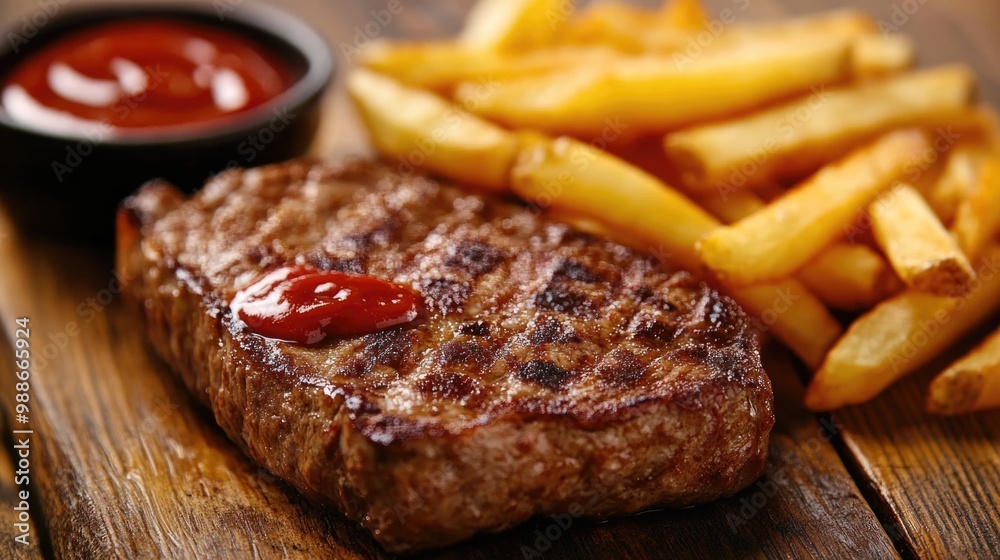 Beef steak with fries on a wooden table, close-up view. Beef steak with fries on a wooden table, close-up view.