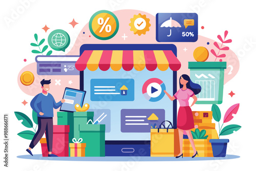 A woman presents discounts on a smartphone while a man engages with digital shopping tools, Ecommerce marketing strategy shop discount