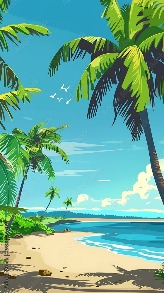Fototapeta premium Tropical Beach with Palm Trees and Blue Sky