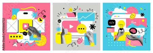 Contemporary artwork. Creative design, employees working together to create new profitable idea. Concept of business, success, growth, teamwork, career development. Copy space for ad. Vector