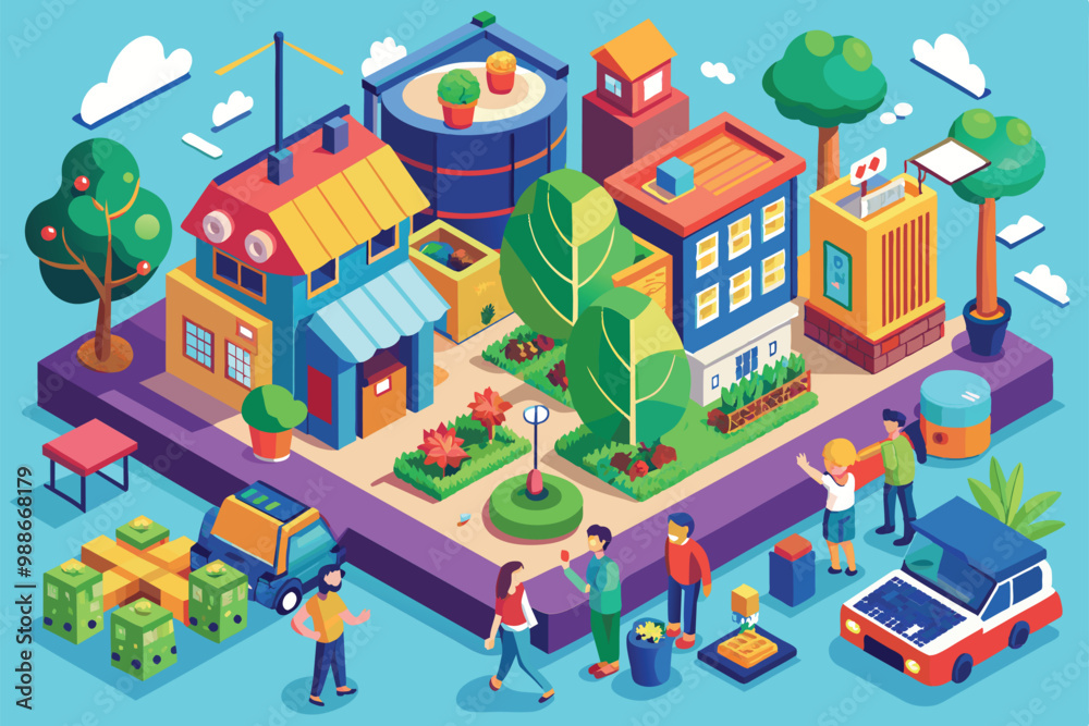 People participate in eco-friendly shopping activities in a lively urban environment filled with greenery, Eco shopping Customizable Isometric Illustration People participate in eco-friendly shopping activities in a lively urban environment filled with greenery, Eco shopping Customizable Isometric Illustration