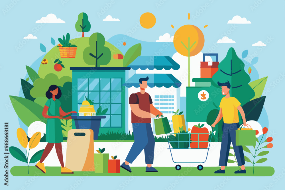 Two shoppers enjoy an outdoor market while carrying eco-friendly grocery bags and shopping carts, Eco shopping Customizable Flat Illustration Two shoppers enjoy an outdoor market while carrying eco-friendly grocery bags and shopping carts, Eco shopping Customizable Flat Illustration