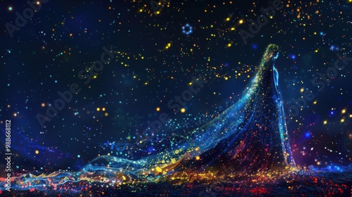 Virgo goddess figure with flowing robes made of stardust, standing amidst glowing constellations, vibrant colors, no blur, full image, detailed illustration photo